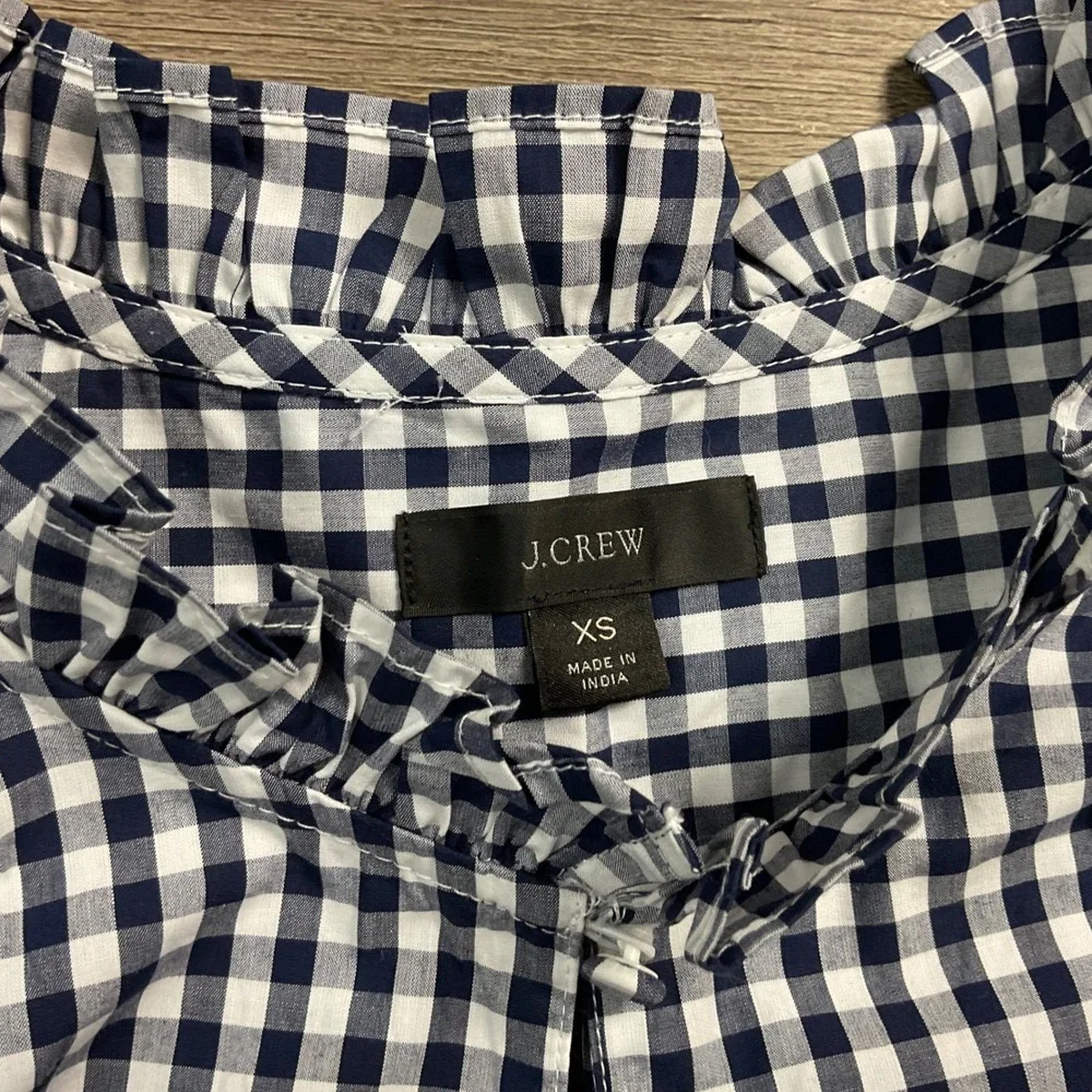 J.Crew Gingham Ruffle Neck Puff Sleeve Boho Cotton Top XS Navy White Cottagecore
